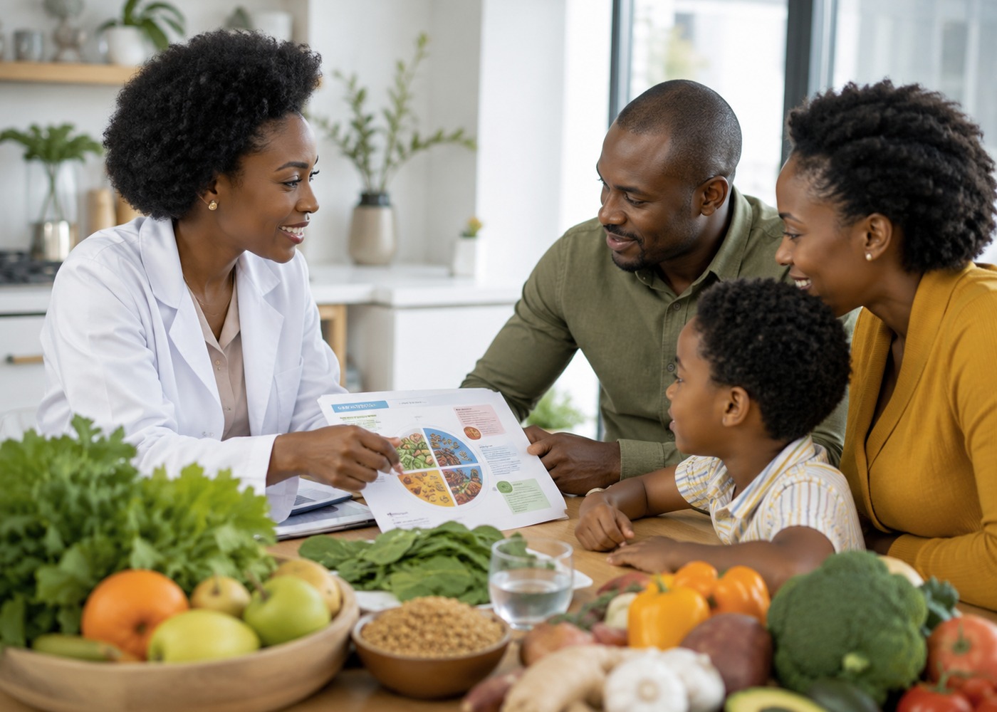 Health professional educating a family about nutrition